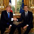 US President Donald Trump and French President Emmanuel Macron shake hands during their meeting at the Elysee Palace in Paris on July 13, 2017