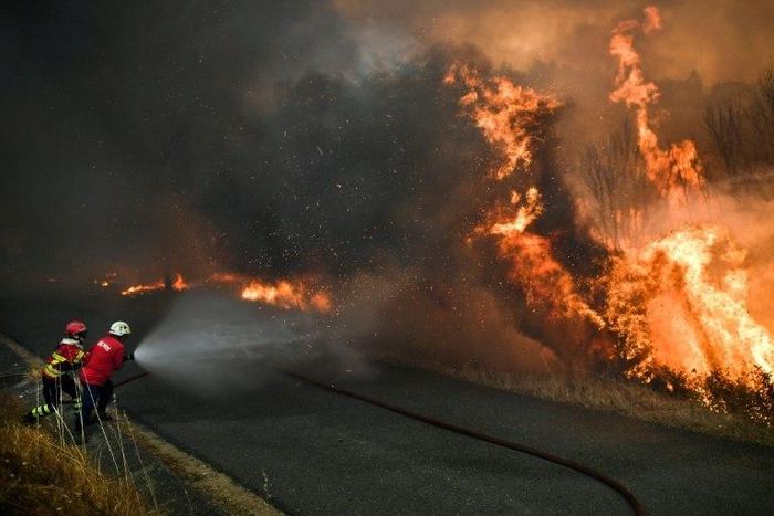 Firefighter tackle a wildfire close to the village of Pucarica in Abrantes on August 10, 2017
