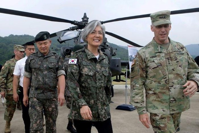 South Korea's Foreign Minister Kang Kyung-Wha (centre) says she is open to talks with her North Korean counterpart