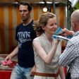 A passerby, who has been identified as Vincent Debraize, mayor of Champignolles, takes leaflets from the hand of Les Republicains (LR) party candidate Nathalie Kosciusko-Morizet during an altercation while campaigning in Paris on June 15, 2017