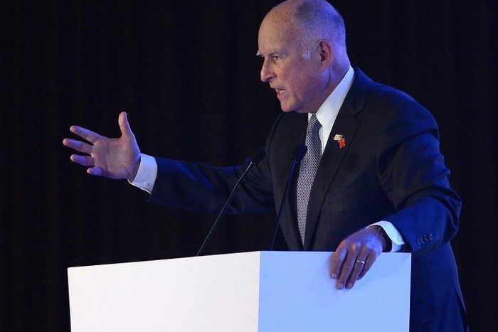 California Governor Jerry Brown gives a speech during the Clean Energy Ministerial international forum in Beijing on June 6, 2017