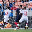 Canada's midfielder Alphonso Davies (2L) celebrates after scoring a goal during a Group A match against Costa Rica in the 2017 CONCACAF Gold Cup on July 11, 2017 at the BBVA Compass Stadium in Houston, Texas