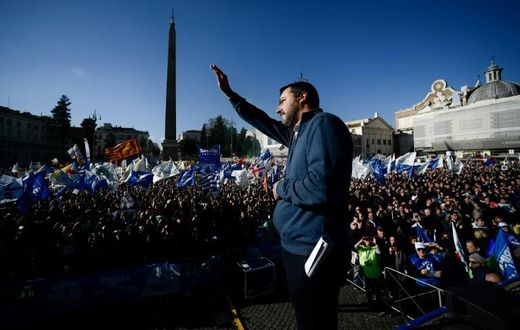 Italy's far-right Interior Minister Matteo Salvini addresses a packed crowd in Rome as his party surges in the polls