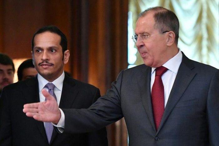 Russian Foreign Minister Sergei Lavrov (R) calls for dialogue at talks in Moscow with Qatari Foreign Minister Mohammed bin Abdulrahman Al-Thani on June 10, 2017 to resolve a dispute between Doha and its Gulf neighbours