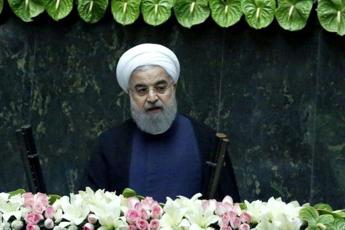 Iran's President Hassan Rouhani delivers a speech after his inauguration on August 5, 2017