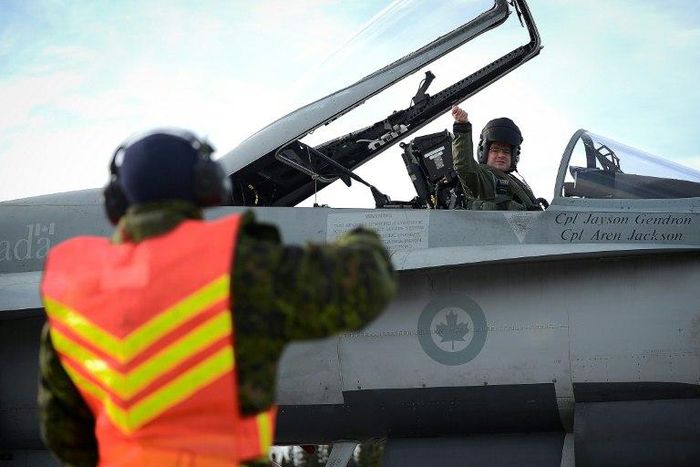 A Canadian Air Force CF-18 prepares for takeoff in a 2014 air defense exercise in Newfoundland