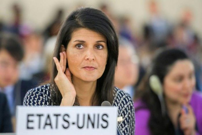 US Ambassador to the United Nations Nikki Haley, seen here at a session in June of the UN Human Rights Council, is criticizing African states for backing a bid by the Democratic Republic of Congo to gain a seat on the Geneva-based body