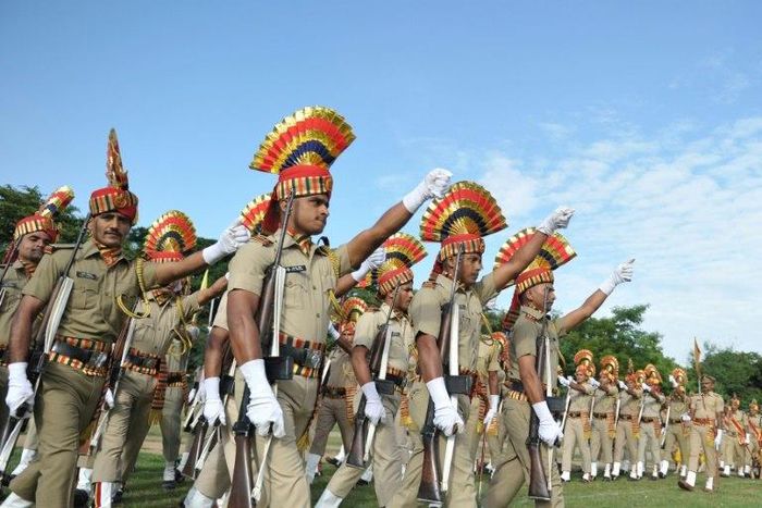 Indian Railway Protection Force personnel march during Independence Day celebrations in Secunderabad