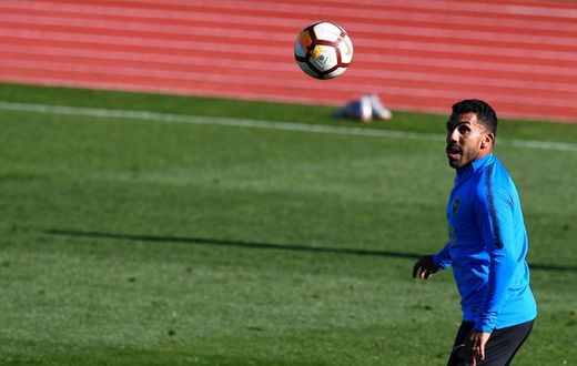 Boca Juniors striker Carlos Tevez training at the Spanish Football Federation (RFEF) headquarters in Las Rozas, Madrid ahead of Sunday's Libertadores Cup final against River Plate.