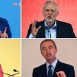Britain's party leaders (clockwise from top left) Theresa May, Jeremy Corbyn, Tim Farron and Nicola Sturgeon