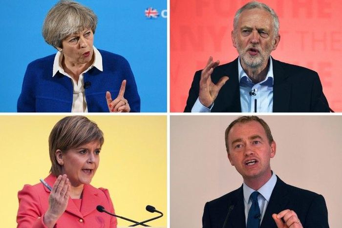 Britain's party leaders (clockwise from top left) Theresa May, Jeremy Corbyn, Tim Farron and Nicola Sturgeon