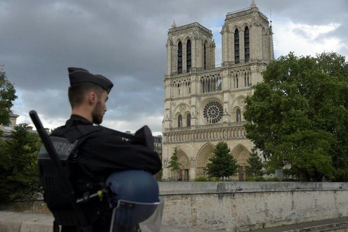 A French gendarme on duty at Notre Dame cathedral in Paris on June 6, 2017