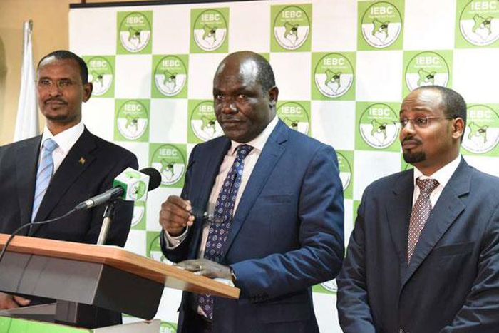 IEBC chairman Wafula Chebukati with Commissioners Abdi Guliye and Boya Molu