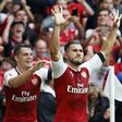 Arsenal's defender Sead Kolasinac (R) celebrates scoring on August 6, 2017