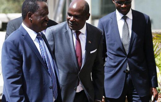 NASA luminary Raila Odinga with IEBC Chairman Wafula Chebukati (C) and CEO Ezra Chiloba during their meeting at the Capital Hill on February 8, 2017.