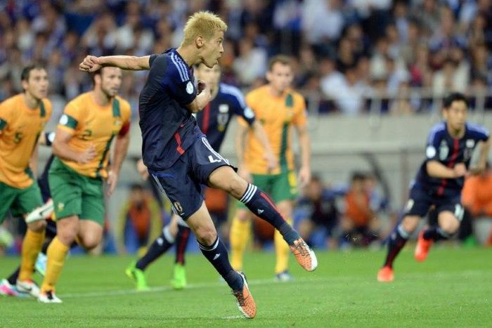 Japan's Keisuke Honda scores the penalty against Australia in Saitama that took Japan to the 2014 World Cup. Now he's out to do it again on Thursday