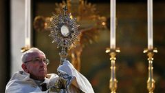 Pope Francis celebrates mass after a procession through Rome, on June 18, 2017