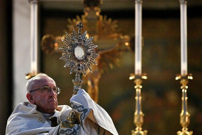 Pope Francis celebrates mass after a procession through Rome, on June 18, 2017