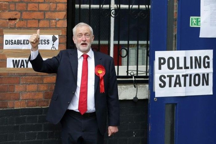 Britain's main opposition Labour Party leader Jeremy Corbyn casts his vote in the general election as forecasters struggle to predict the outcome