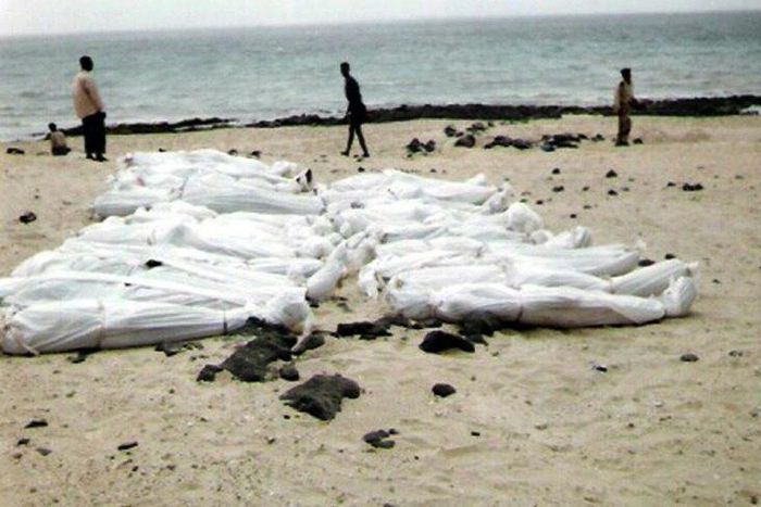 A photo taken in March 2006 and obtained from the United Nations High Commissioner for Refugees (UNHCR) shows the bodies of young men believed to be Somali refugees, found on Yemen's Red Sea coastline in Shabwa province