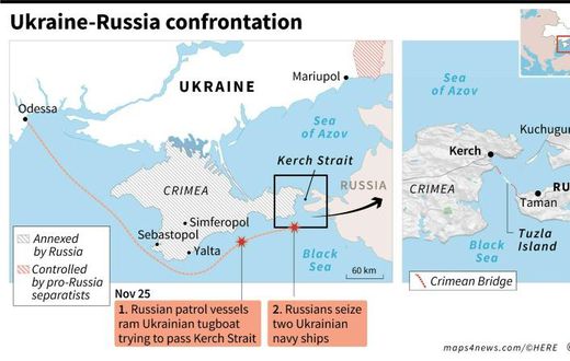 Map locating the Kerch Strait, Sea of Azov and area where Ukrainian ships were seized by Russia