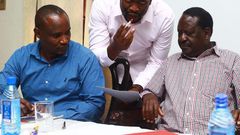 ODM party leaders John Mbadi (L), Edwin Sifuna (C) and Raila Odinga (R)