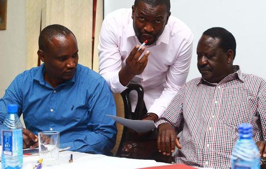 ODM party leaders John Mbadi (L), Edwin Sifuna (C) and Raila Odinga (R)