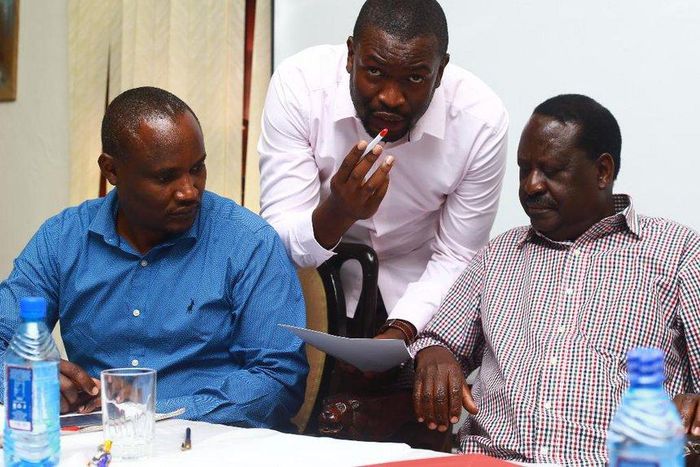 ODM party leaders John Mbadi (L), Edwin Sifuna (C) and Raila Odinga (R)