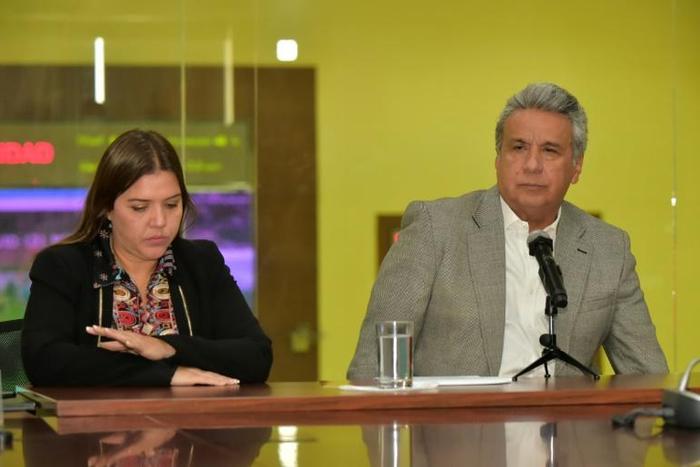 A file picture taken on April 13, 2018 shows Ecuadoran President Lenin Moreno (R) and Vice President Alejandra Vicuna