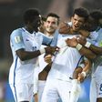 England forward Dominic Solanke celebrates a goal with teammates in the U-20 World Cup semi-final against Italy in Jeonju, South Korea, on June 8, 2017