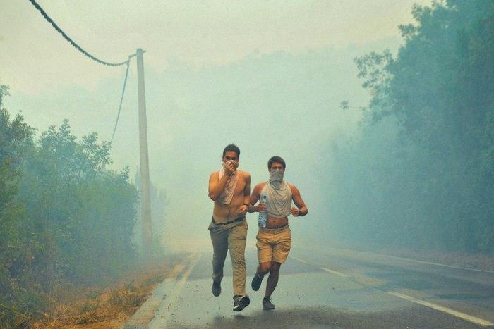 People run through smoke as a forest fire rages in Montenegro's Lustica Peninsula. Montenegro has appealed for international help to control the fires