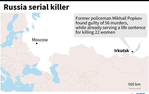 Map locating Irkutsk in Russia where a former policeman was found guilty of 56 murders on December 10, while already serving a life sentence for killing 22 women.