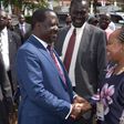 Raila shakes hands with Governor Waiguru during 2018 Devolution Conference