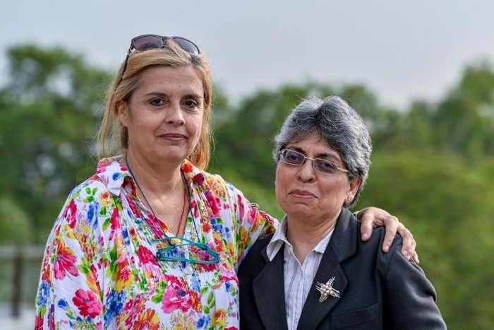 Frenchwoman Marie-Emmanuelle Verhoeven poses with her lawyer Ramni Taneja (R) in 2016