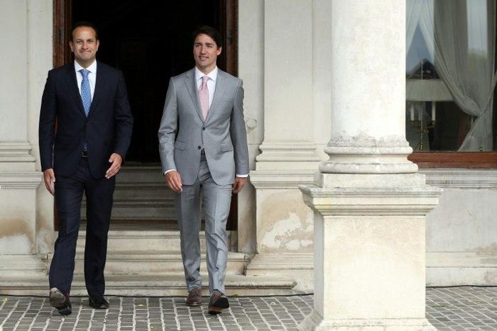 Ireland's Prime Minister Leo Varadkar, left, with Canadian Prime Minister Justin Trudeau at Farmleigh, Ireland's state guest house, in Dublin