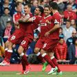 Liverpool's Philippe Coutinho (L) celebrates with teammates after scoring a goal during an English Premier League match, at Anfield in Liverpool, in May 2017