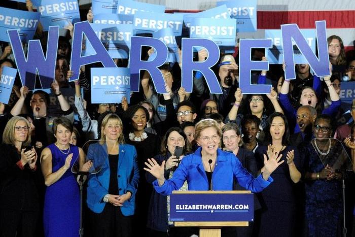 US Senator Elizabeth Warren -- seen here on midterm election day 2018 addressing the crowd at a celebration in Boston -- is a fierce critic of Donald Trump, and is now likely running to unseat him in 2020