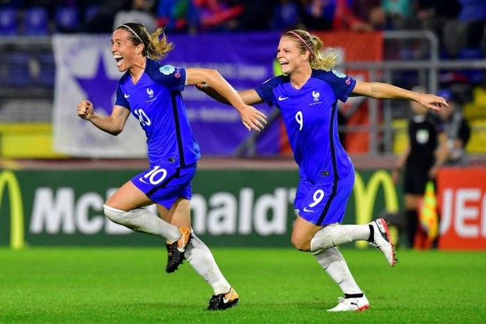 France's midfielder Abily Camille (L) reacts after scoring during the UEFA Women's Euro 2017 football tournament between Switzerland and France at Rat Verlegh Stadium in Breda on July 26, 2017