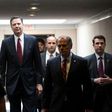 Former FBI director James Comey, center, leaving a closed hearing of the Senate Intelligence Committee on Thursday