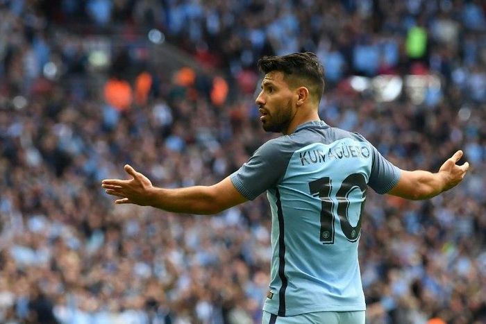 Manchester City's Argentinian striker Sergio Aguero gestures during the FA Cup semi-final football match against Arsenal April 23, 2017