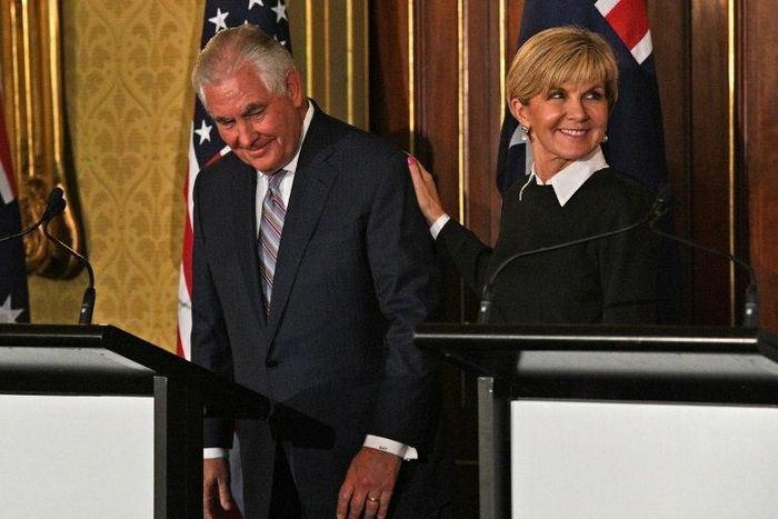 US Secretary of State Rex Tillerson and Australian Foreign Minister Julie Bishop leave at the end of a press conference in Sydney on June 5, 2017