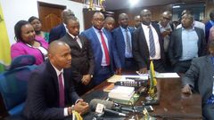 Nairobi County MCAs on Tuesday with Nairobi County Assembly Majority Chief Whip Chege Mwaura who was elected the new temporary speaker.