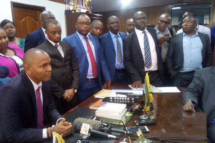 Nairobi County MCAs on Tuesday with Nairobi County Assembly Majority Chief Whip Chege Mwaura who was elected the new temporary speaker.