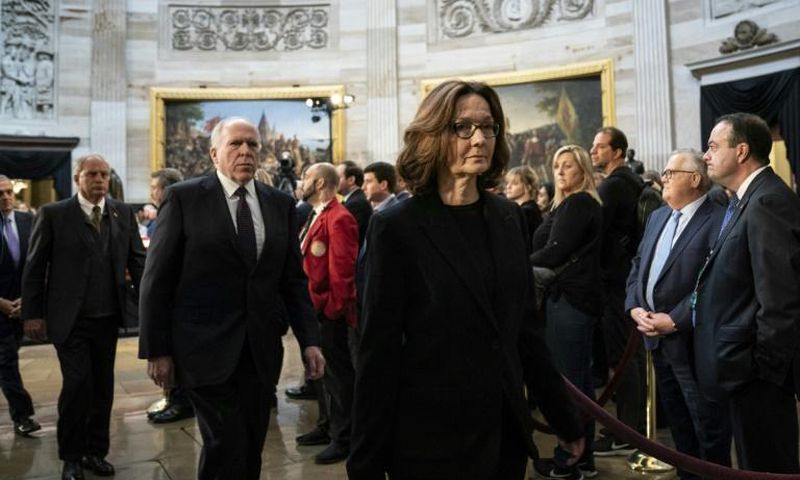 CIA Director Gina Haspel paid her respects at the casket of former president George H.W. Bush as he lay in state at the US Capitol, before she briefed US senators on Saudi Arabia's possible involvement in the murder of journalist Jamal Khashoggi