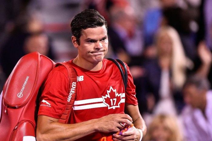 Milos Raonic of Canada walks off the court after his defeat against Adrian Mannarino of France during day six of the Rogers Cup presented by National Bank at Uniprix Stadium on August 9, 2017 in Montreal, Quebec