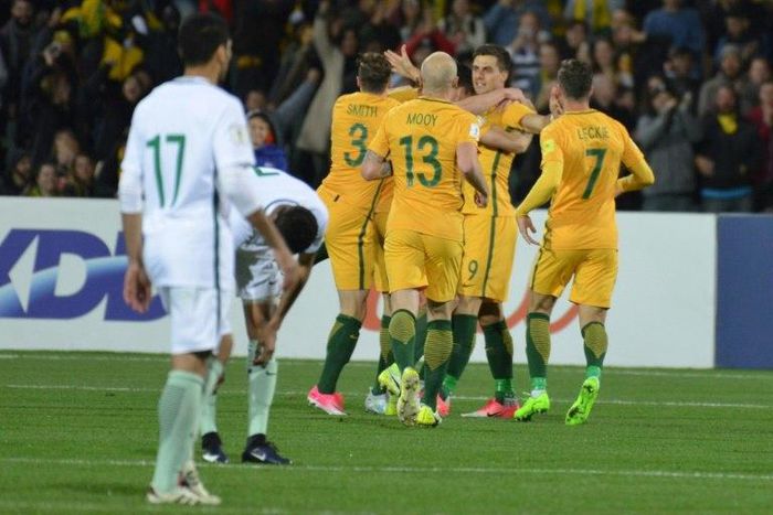 Australia celebrate their first goal during the World Cup qualifier against Saudi Arabia in Adelaide on June 8, 2017
