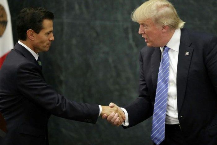 Mexican President Enrique Pena Nieto (L) and US presidential candidate Donald Trump shake hands after a meeting in Mexico City on August 31, 2016