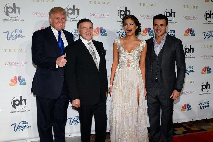Donald Trump in Las Vegas in 2013 with Russian businessman Aras Agalarov, Miss Universe 2012 Olivia Culpo and Russian singer Emin Agalarov