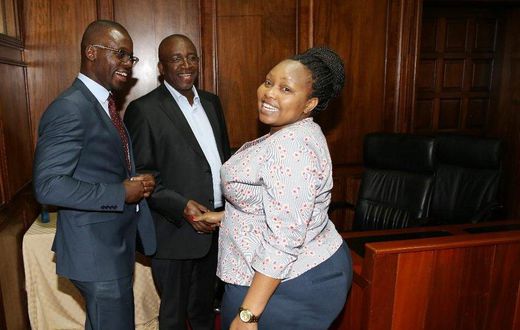 A file photo of Senator Mithika Linturi (centre) with his colleagues senators Moses Kajwang (left) and Millicent Omanga
