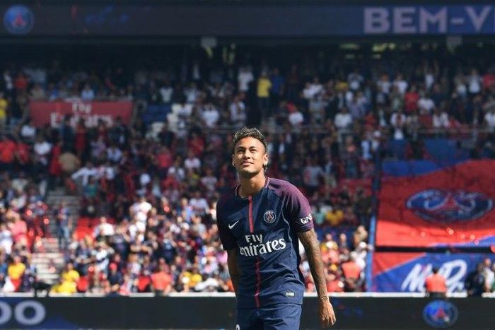Paris Saint-Germain's forward Neymar looks on during his presentation to the fans at the Parc des Princes stadium in Paris on August 5, 2017